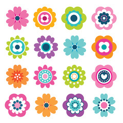 Set of flat flower icons in silhouette isolated on white. Cute retro illustrations in bright colors for stickers, labels, tags, scrapbooking. - 139197022
