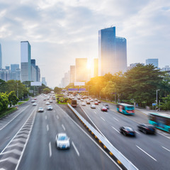 Naklejka premium urban traffic with cityscape in Hong Kong,China.