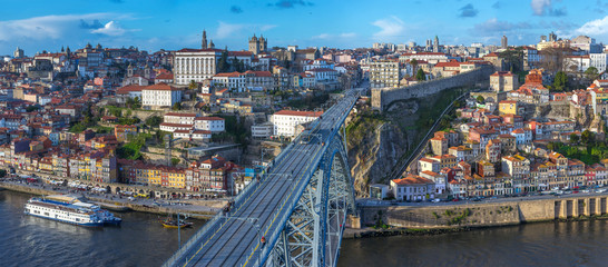 Panorama of old town Porto, Portugal. Douro river and the Dom Luis Bridge.