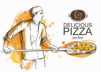 pizza ready to bake in the oven vector illustration - obrazy, fototapety, plakaty