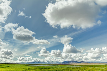 Fototapeta premium Open grassland with cloudscape and mountains in background. Iceland.