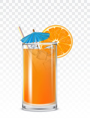 Glass beaker with orange juice, ice cubes and a straw