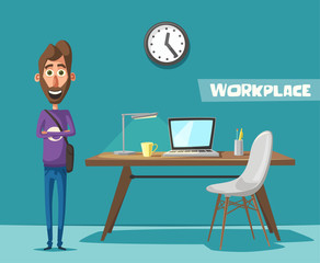 Modern workplace. Creative character. Office work. Cartoon vector illustration