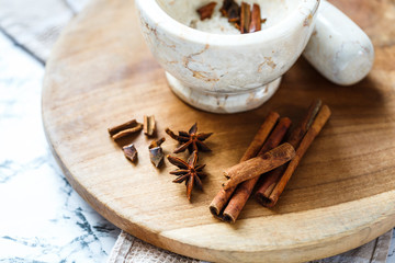 stone mortar for spices: cinnamon and star anise