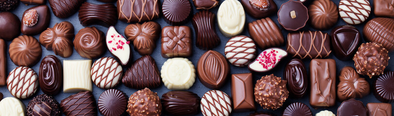 Assortment of fine chocolate candies. Top view - 139200236