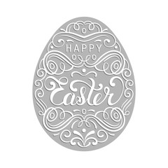 Happy Easter type greeting card in the egg shape. Religious holiday vector illustration for poster, flyer etc.