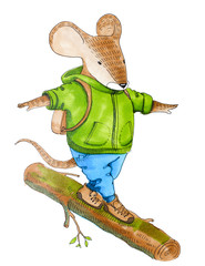 Watercolor mouse pants and jacket walking on a log with a backpack - 139200842