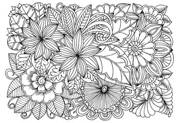Doodle floral pattern in black and white. Page for coloring book