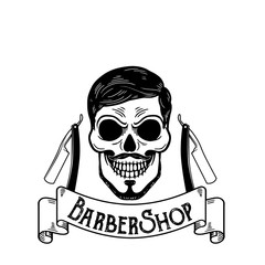 Vector Barbershop emblem, barbershop logo or badge for barber shop signboard, posters Skull with blades and hipster beard and haircut