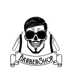 Vector Barbershop emblem, barbershop logo or badge for barber shop signboard, posters Skull with blades and hipster beard and haircut