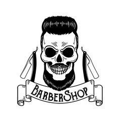 Vector Barbershop emblem, barbershop logo or badge for barber shop signboard, posters Skull with blades and hipster beard and haircut