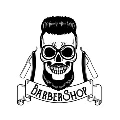  Barbershop emblem, barbershop logo or badge for barber shop signboard, posters Skull with blades and hipster beard and haircut