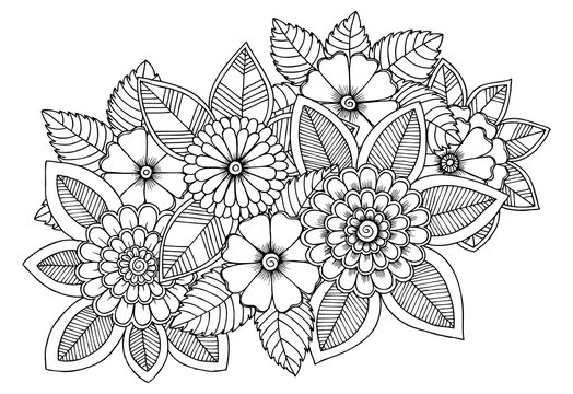 Black and white flower pattern for coloring. Doodle floral drawing. Art therapy coloring page. Relaxing for all ages. For adults and kids