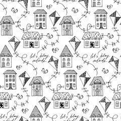 Black and white vector seamless pattern with flying kites