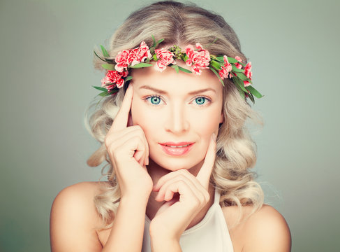 Beautiful Woman Touching Her Hand Her Face. Nice Model in Flowers Wreath