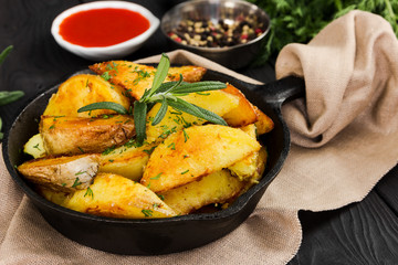 Fried potatoes with fresh rosemary in cast-iron pan