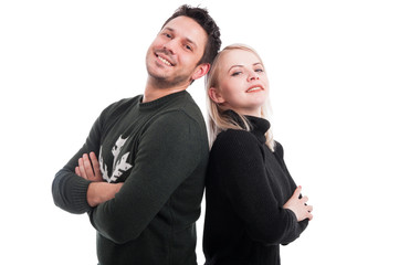 Friendly lovers standing back to back