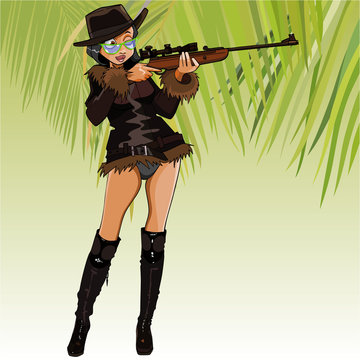 cartoon female hunter aiming with an optical sight rifle
