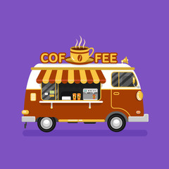 Flat design vector illustration of coffee van. Mobile retro vintage shop truck icon with signboard with big hot cup of coffee. Side view, isolated. Hot drinks on wheels concept.