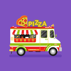 Flat design vector illustration of cartoon fast food van. Mobile retro vintage shop truck icon with signboard with big slice of pizza in heart shape. Side view, isolated. Fast or junk food concept.