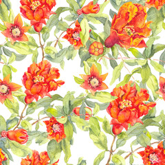 Pomegranate red flowers. Seamless floral pattern. Watercolor