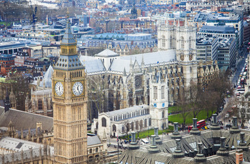 aerial view of Big Ben and Westminster Abbey in London city