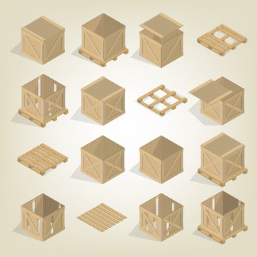 Realistic Wooden Box With Pallet Isometric, Vector Illustration.