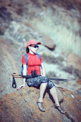 Hiking and leisure theme. Adventure people on hike hiking in nature