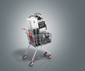 Home appliances in the shopping cart E-commerce or online shopping concept 3d render on grey