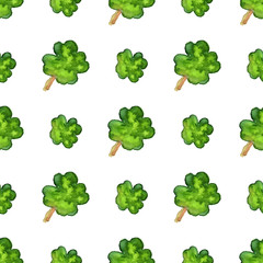 Watercolor seamless pattern with four leaf clover. Vector graphic design elements isolated on white background.Spring, green, St. Patricks Day concept.