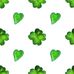 Watercolor seamless pattern with four leaf clover and a heart shape. Vector graphic design elements isolated on white background. Spring, green, St. Patricks Day concept.