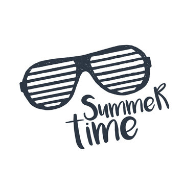 Hand drawn 90s themed badge with striped sunglasses textured vector illustration and "Summer time" inspirational lettering.