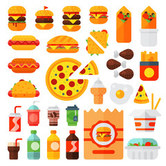 Set of colorful cartoon fast food icons isolated restaurant tasty american cheeseburger meat and unhealthy burger meal vector illustration.