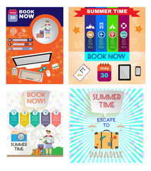 Digital vector image. Summer time orange infographic set, with book now text, computer and travel accessories, Flat style