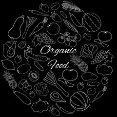 Vector set with white outline fruits, vegetables and berries on black
