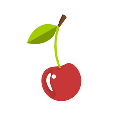 Single cherry with a leaf, isolated vector illustration