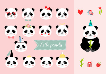 Fototapeta premium Set of panda girl heads, vector illustration