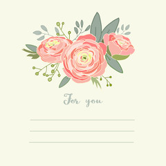 Buttercup, ranunculus, floral greeting card, vector illustration