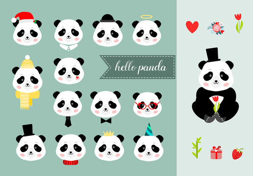 Set of panda boy heads, vector illustration