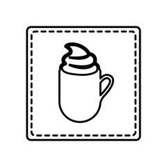 monochrome contour square and dotted line with coffee cup with cream vector illustration