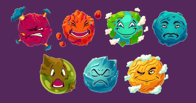 Set of vector cartoon illustrations fantasy alien planets showing different emotions