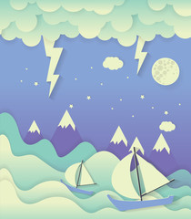 sailing boat and ocean with cloud and raining.paper art style