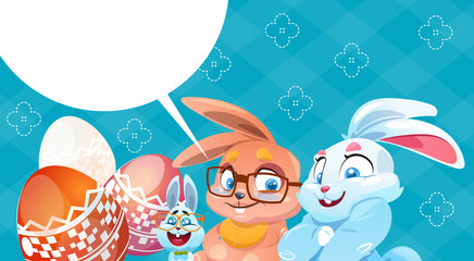 Rabbit Decorated Colorful Eggs Easter Holiday Symbols Greeting Card Vector Illustration