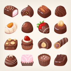 Set of colorful chocolate desserts and candies from boxes for special holidays, valentine day, for a lunch snack or coffee break