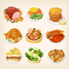 Set of colorful family dinner dishes. Tasty food for luncgh at a restaurant. Isolated vector images.