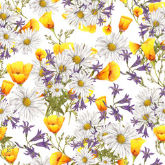 Seamless pattern of hand drawn wildflowers