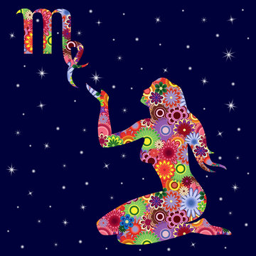 Zodiac sign Virgo with flowers fill over starry sky