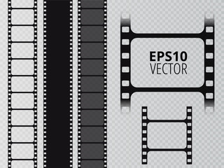 Set of vector film strip isolated on transparent background.