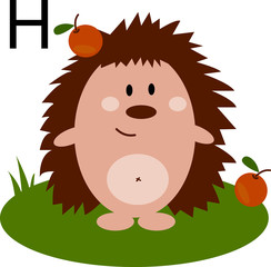 Vector illustration of hedgehog with Apple on pins and needles. Hedgehog on a white background, alphabet for children.