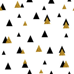 Abstract seamless pattern with triangles in gold glitter and black.